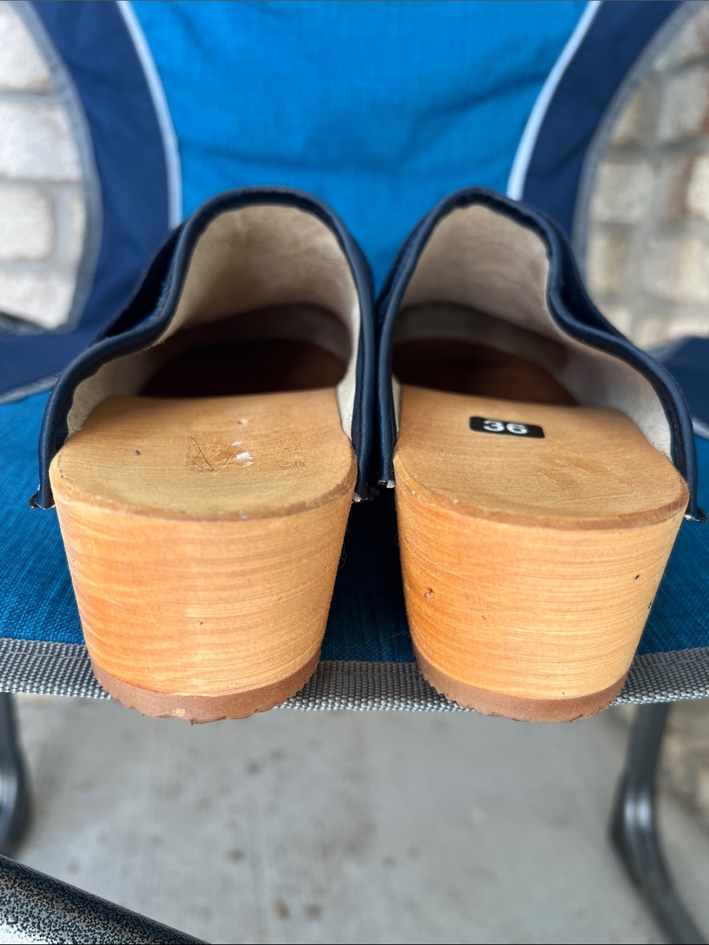 Navy Blue Suede Clogs Wooden Heels - Picture 7 of 8